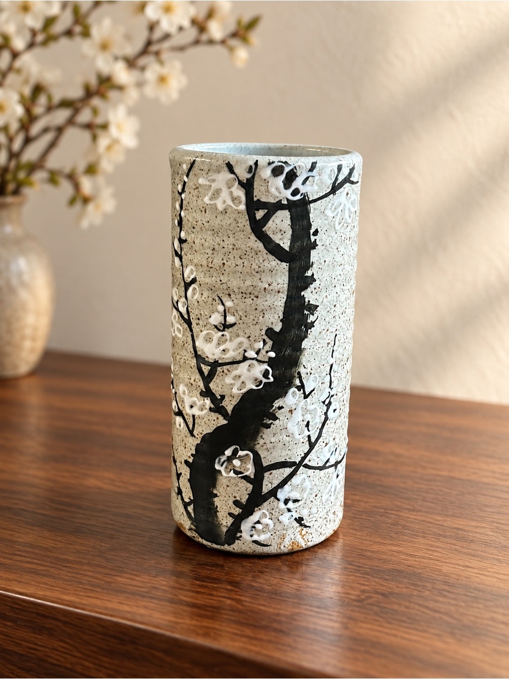 Speckled Pottery Vase with Raised White Blossoms – 9”